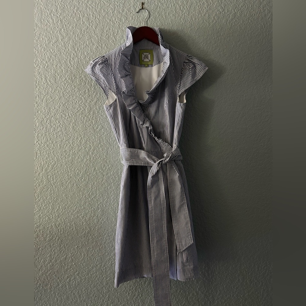 Elizabeth McKay blue seersucker wrap dress